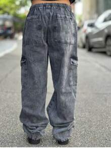 BOYS' CARGO PANTS FOR TEENAGERS, LOOSE FADED PANTS, GRAPHITE GREY, BLACK JEANS, SIZES 10 TO 16 - Đá lửa - Xem 4