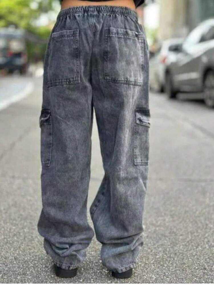 BOYS' CARGO PANTS FOR TEENAGERS, LOOSE FADED PANTS, GRAPHITE GREY, BLACK JEANS, SIZES 10 TO 16 - Đá lửa - Xem 4