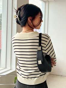 Suéter de manga larga de punto a rayas para mujer, uso de otoño e invierno, ocio diario, se puede usar en interiores y exteriores. - Blanco - Ver 3