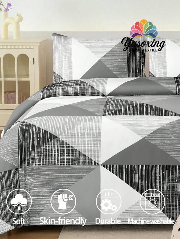 2/3Pcs Set Gray White Geometric Triangle Pattern Print Duvet Cover Set Without Filler Breathable Supersoft All-Season (1pc*Duvet Cover + 1/2pcs*Pillowcase, No Pillow Core), Soft Two Tone Design Bedding Set For Ideal For Bedroom, Guest Room, Dormitory, 1pc Duvet Cover With 1/2pcs Pillowcase (Witnout Filler)Machine Washable King Queen Full Twin Size Domitory Bedding Back School Bedding