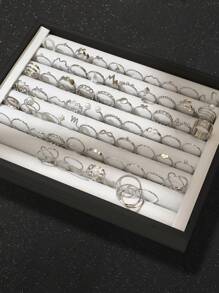 69/64/60/20 件时尚优雅复古设计花朵、叶子、心形、蝴蝶、水晶、人造珍珠、几何、波浪、无限符号、蛇、圆形镂空简约素色戒指套装，适合节日、派对、礼物、日常佩戴（无盒） - 銀色 - 查看 15
