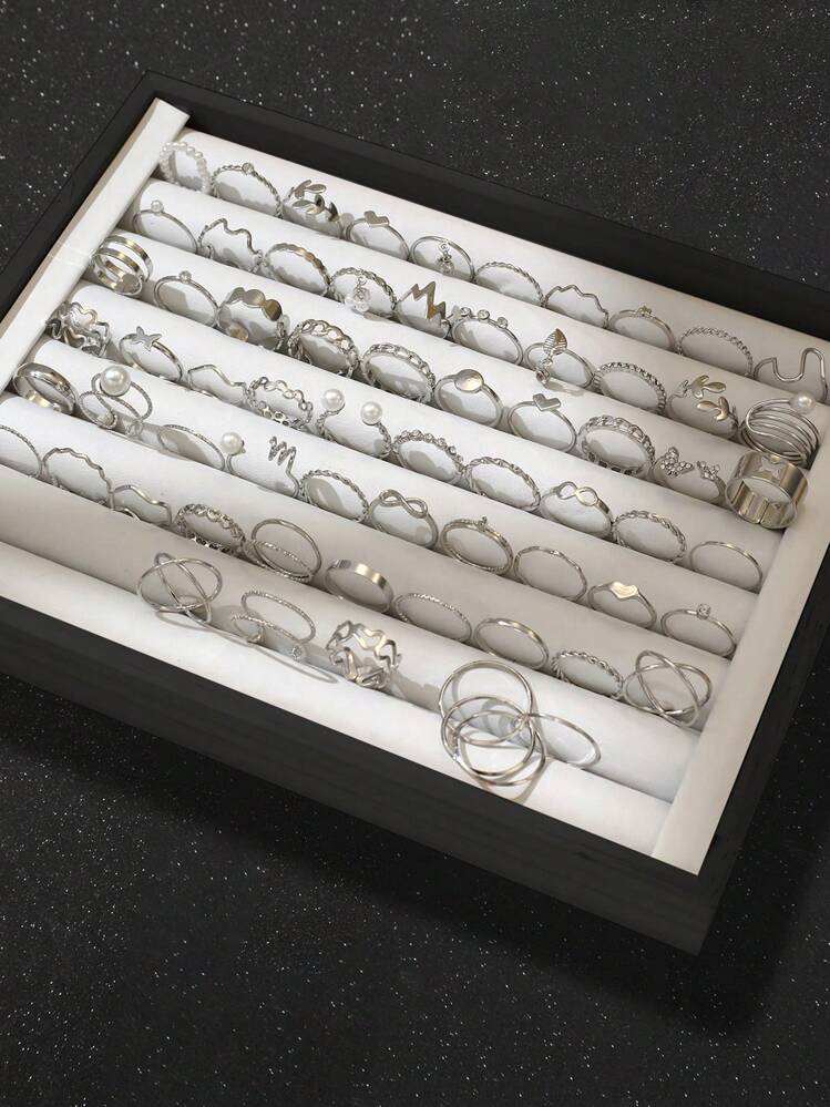 69/64/60/20 件时尚优雅复古设计花朵、叶子、心形、蝴蝶、水晶、人造珍珠、几何、波浪、无限符号、蛇、圆形镂空简约素色戒指套装，适合节日、派对、礼物、日常佩戴（无盒） - 銀色 - 查看 15