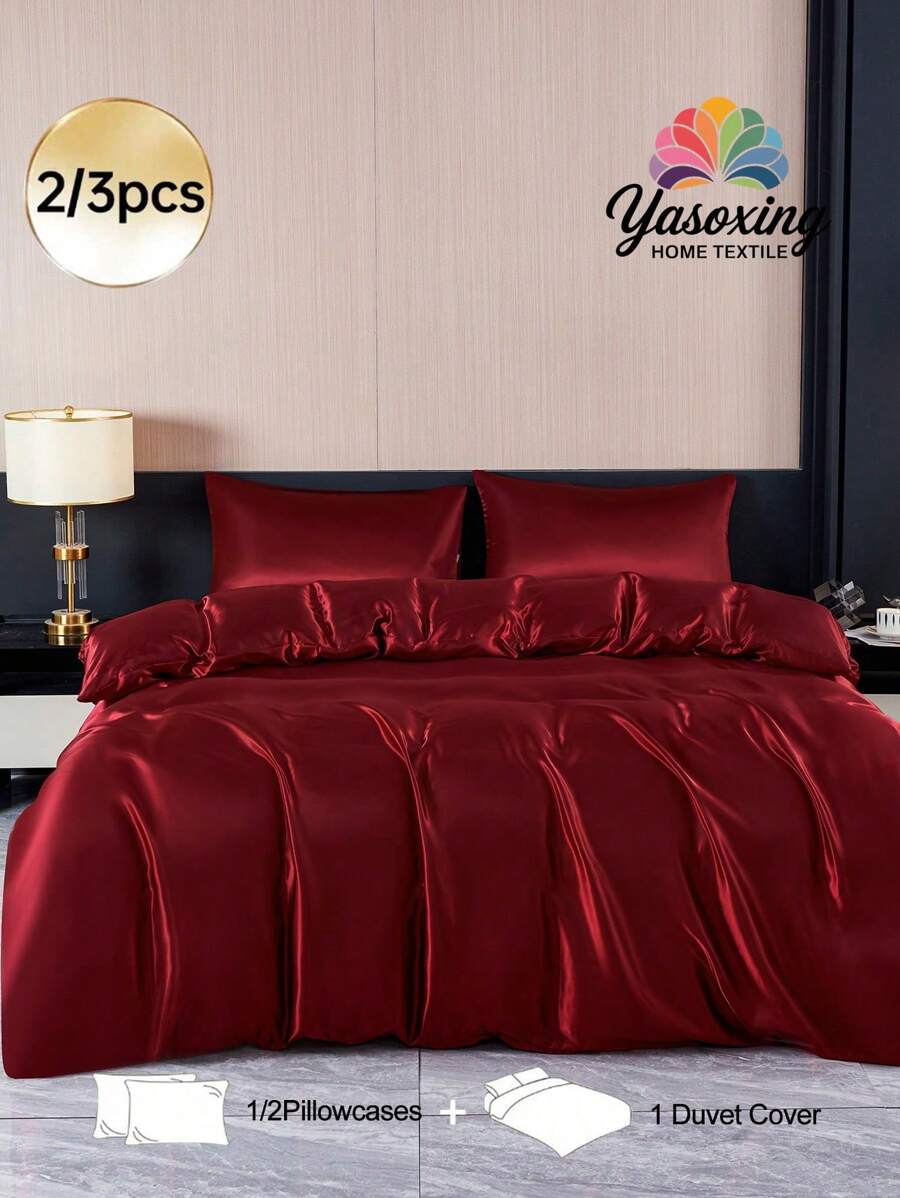2/3pcs Set Luxury Satin Bedding Set, Silky Soft Breathable Wrinkle-Resistant, Improve Sleep Quality, Hotel Style, Gift For Parents & Friends, Includes Duvet Cover*1, Pillowcase*1/2, Available In Super King, King, Queen, Twin Size - Burgundy - View 1
