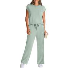 Sets For Women Casual Summer Travel Vacation Outfits Cap Sleeve Lounge Set - Kem Xanh - Xem 2