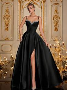 Alluring Black Spaghetti Strap High Slit Long Dress, Adorned With Hand-Embellished Rhinestones, Suitable For Elegant Ladies' Party Dress, Formal Evening Gown, Wedding Guest Dress, Appropriate For Graduation Ceremony, Banquet, Formal Attire Spring - Black - View 6