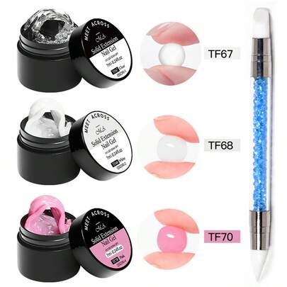 MEET ACROSS Set de 3 piezas de kit de extensión de uñas de gel sólido antiadherente, incluye molde de flores, pincel de escultura - gel de extensión transparente, blanco y rosa, gel de moldeado de flores 3D, gel de piedras, fácil de usar, adecuado para salón de uñas en casa, set de suministros de arte de uñas
