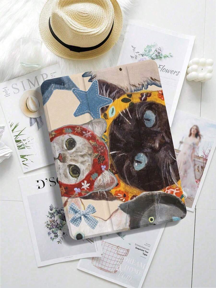 1 Pcs Cats Colorful Bow Pattern Trifold Stand Tablet Case With Pencil Holder Tablet Case, Anti-Fall IPad Stand, Foldable Non-Slip Adjustable Stand, Flexible Hybrid Protective Case, Suitable For IPad Air 4/5 (10.9-Inch), IPad 7/8/9 (10.2-Inch) 5/6/Air 1/2 (9.7-Inch), Air 3 (10.5-Inch), Pro (11-Inch) 10th Generation, 12.9-Inch, 13-Inch Tablet Case,  S6/A7/A8/A9/S7/S8/S9/S10/S9FE Tablet Case - 彩色 - 查看 1