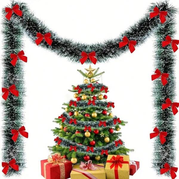 1 Set Christmas Decor Red Bow Metal Foil Tassel Wreath, White Edged Ribbon For Christmas Tree, Suitable For Christmas Party Backdrop, Staircase Railing, Fireplace Decoration