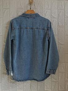 Famininas Drop Shoulder Denim Jacket - Azul lavado medio 8283# - Ver 2