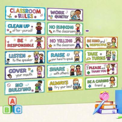 8 Peças Pôsteres Coloridos de Regras da Sala de Aula em Inglês - Gráfico de Comportamento Educacional e Materiais de Aprendizagem de Bons Hábitos para Professores de Pré-Escola e Jardim de Infância, Conjunto de Decoração de Sala de Aula