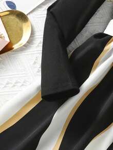 Girls' Patchwork Geometric Print Fitted Tie-Waist Long Sleeve Casual Elegant Dress, Suitable For Daily Wear, Parties And Casual Outings