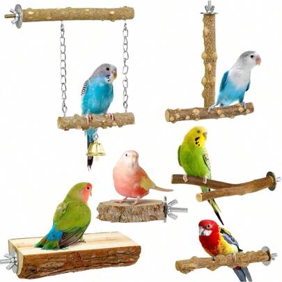 SBird Perches 6pcs Natural Wood Birds Stand Branch Bird Perch Chewing Stick Cage Accessories Parrot Climbing Standing Branches Paw Grinding Fork Sets For Parakeet Lovebirds Cockatiels