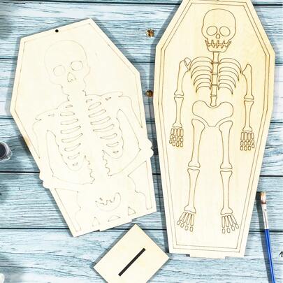 9.25 Inch/11.8 Inch Unfinished Wooden Halloween Skeleton Coffin Boards, 2 Styles, Freestanding, Suitable For DIY, Indoor & Outdoor Halloween Decoration
