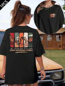 Utah National Parks Tshirt , Women's Double Sided Printed Fashion Casual Round Neck 220gsm Cotton T-Shirt (1 PC) - 黑色 - 查看 1