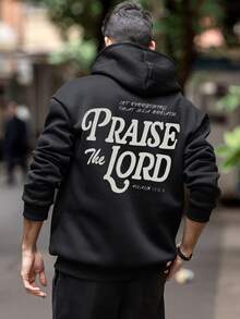 Krometka Men's Autumn/Winter Street Casual Slogan "PRAISE THE LORD" Print Hoodie Sweatshirt - Black - View 2