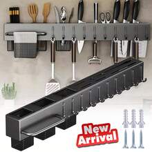 60cm Wall Mounted Kitchen Knife Holder With Chopstick Holder, Steel Knife Holder With 10 Hooks, Multi-Function Storage Organizer, Knife Holder Organizer For Hanging Spoon Chopsticks, Kitchen Organizer Shelf, Black Color