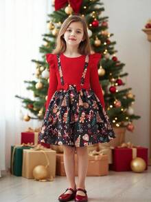 Christmas Girl Ruffled Bow Decor Snowman & Christmas Tree Print Dress - Red and Black - View 3