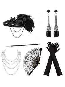 6件套1920年代风格女士优雅性感服装及配饰套装，高端配饰，适合单身派对、舞会、节日派对等场合。包括头饰、手套、手扇等。 - 彩色 - 查看 4