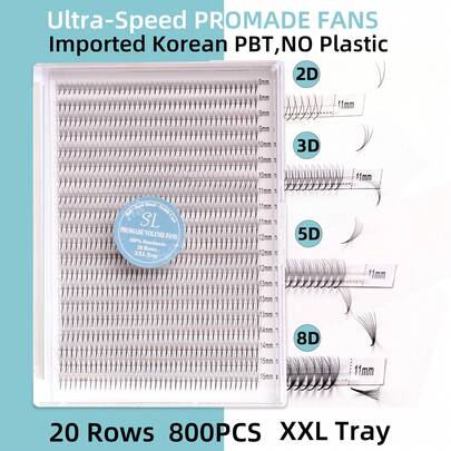 800pcs 20 Rows XXL Tray Fluffy 3D 4D 5D 6D 8D 10D 2D Russian Volume Pre-Made Lash Clusters, Super Fast Lash Extension, Narrow Sharp Thin Base, Imported Korean PBT Fiber, Super Black & Soft, C/D Curl, 8-15mm Pre-Made Lash Clusters, Professional Grade