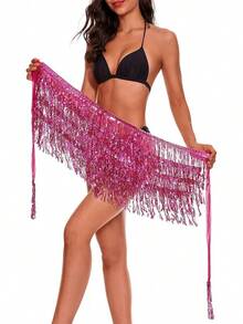 Halloween  Halloween Essentials  Party Limited Edition  Women's Belly Dance Scarf Skirt Sparkly Tassel Disco Outfits Sequin Wrap Rave Costumes Fringe Skirt - 玫紅色 - 查看 5