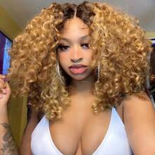 DRunM Curly Lace Front Wigs For Black Women Ombre Blonde Kinky Curly Afro Wig For Black Women 13x4x1 HD L Synthetic Lace Front Wig 15 Inch Ombre Blonde 7001 - 漸層金髮 - 查看 2