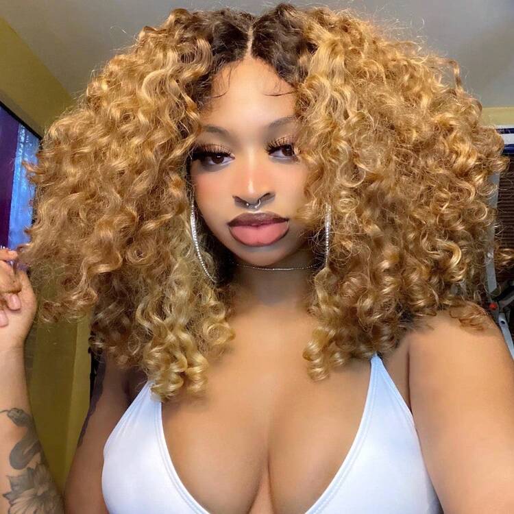 DRunM Curly Lace Front Wigs For Black Women Ombre Blonde Kinky Curly Afro Wig For Black Women 13x4x1 HD L Synthetic Lace Front Wig 15 Inch Ombre Blonde 7001 - 漸層金髮 - 查看 2