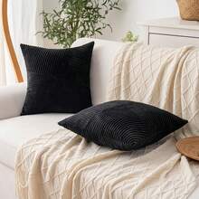 1pc Solid Color Unfilled Cushion Cover, Corduroy Sofa Pillow Case, Home Decor - Black - View 5