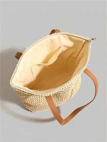Baila Morena Straw Beach Tote Bag Women Large Faux Leather Striped Shoulder Tote Bag Hand Strap With Zipper - 杏色 - 查看 10