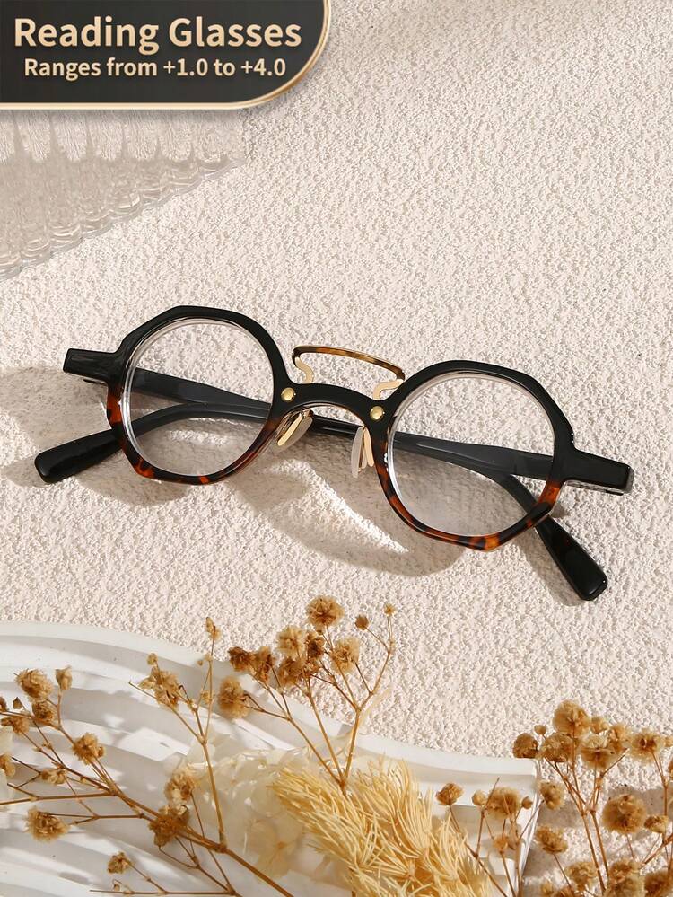 1pc Unisex Vintage Octagon Spring Foot Chain Reading Glasses, Clear Transparent Computer Reading Glasses, Magnification +1.0 To +4.0 - Transparent - View 27