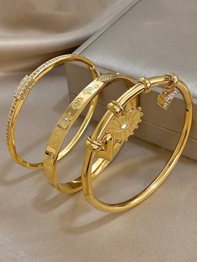 18K Gold Plated Stainless Steel Fashion Luxury Bangle Bracelets Set With Zirconia Diamond, Floral Heart & Seashell Charm Bracelets For Women, Mom Gift, Back To School Gift, Halloween Gifts, Summer Travel Beach Jewelry, Boho Jewelry, Rave/Prom/Party/Daily Accessories, Birthday Gift