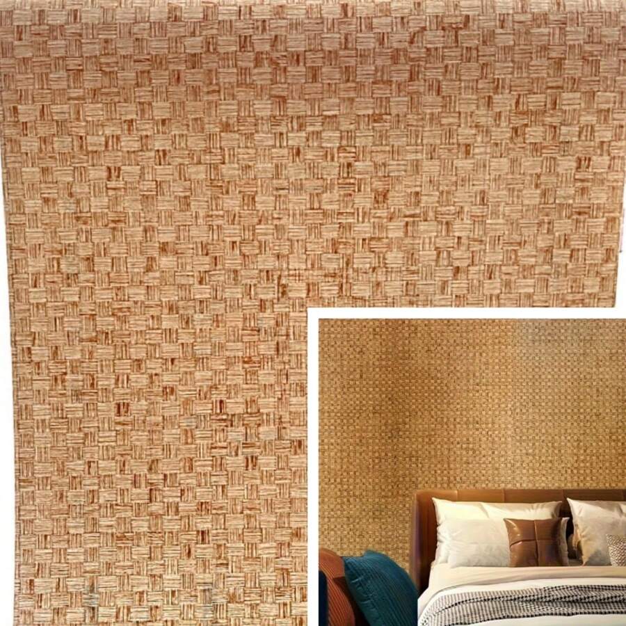 1卷棕色编织地垫墙贴，自粘可移除乙烯基壁纸，适用于厨房台面、店铺装饰、复古浴室、客厅、家居装饰、DIY卧室墙贴，尺寸：17.7 x 393.7/196.8/118.1/39.3英寸