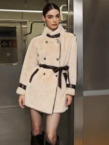女士时尚撞色PU皮领双排扣系带仿毛皮外套，时尚柔软，带口袋，适合打造时尚造型，秋冬季 - 杏色 - 查看 4