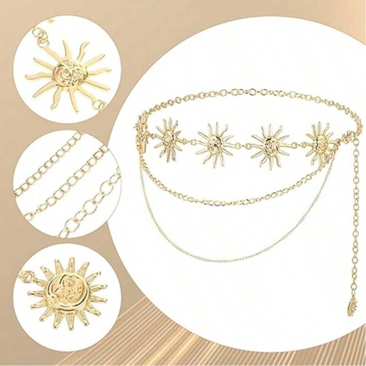 1 pezzo Cintura in metallo dorato vintage con catena, decorazione a fiore di girasole e nappine, stile mediorientale, adatta per autunno, Ognissanti - Dorato - Visualizzare 7
