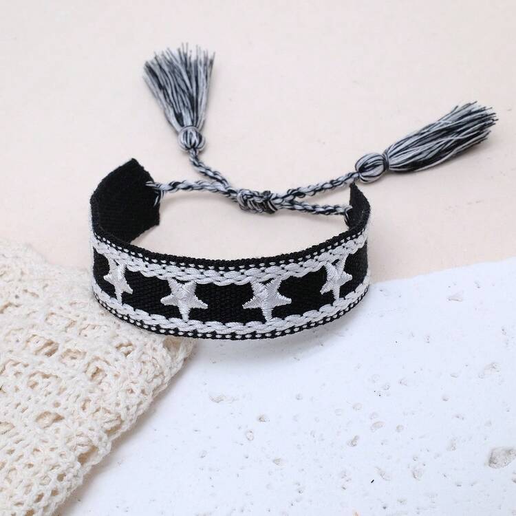 1pc Star Decor Handmade Braided Bracelet, Creative Embroidery Design, Suitable For Party, Beach, Travel, Gift For Friends, Family, Classmates - Black - View 1
