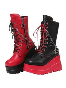 Platform Wedges Ankle Boots For Women Lace-Up Star Metal Hanging Chain Biker Boots Round Toe Side Zipper Y2K Color-Block Cosplay Party Shoes - Đen và đỏ - Xem 3