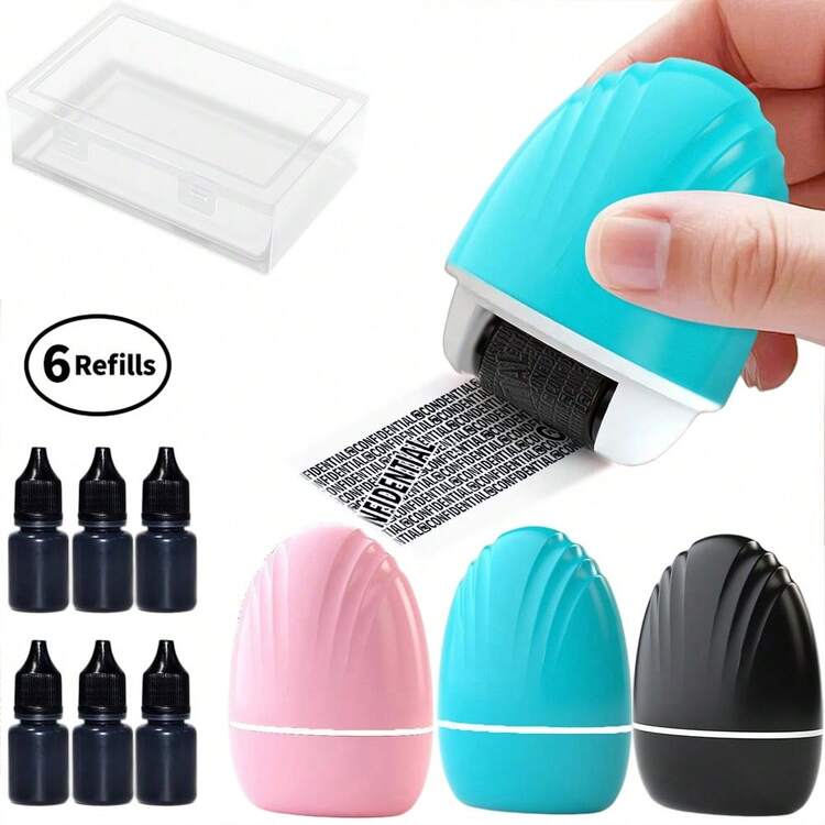 Upgraded Identity Theft Protection Roller Stamp, Confidential Stamp For Hiding Sensitive Information, Anti-Identity Theft Secure Stamp (1pc Stamp Or 1pc Stamp + 3/6pcs Refill Ink Bottles - With Storage Box) - one-size - View 1