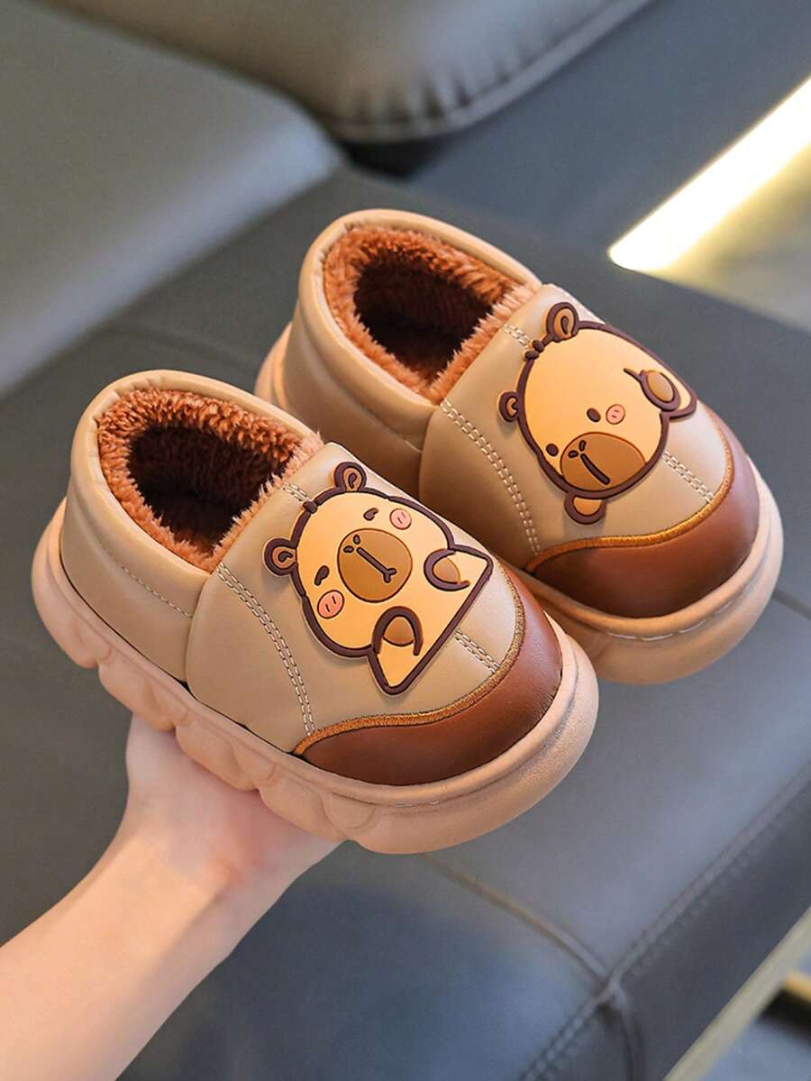 1 Pair Capybara Kids Winter Closed-Back Slippers, Boys & Girls Warm Anti-Slip Indoor Thermal Lined Thick Cartoon Slippers