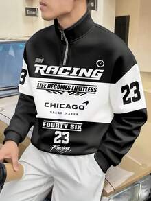 Men's Fashion Letter & Racing Graphic Print Colorblock Half-Zip High Neck Sweatshirt, Suitable For Autumn/Winter, Long Sleeve Top - Black - View 2
