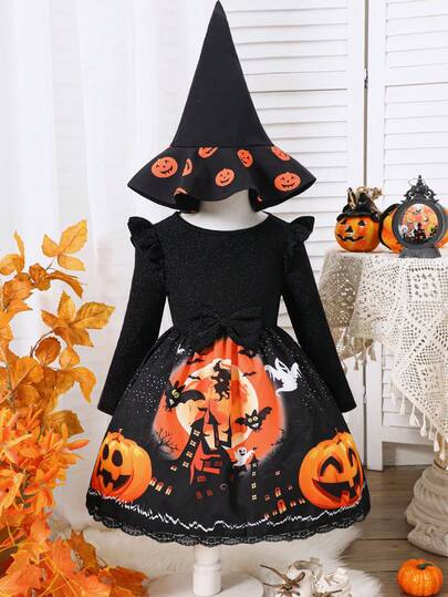 Young Girls' Halloween Element Holiday Dress, Pumpkin Print Dress With Hat, Suitable For Spring & Autumn