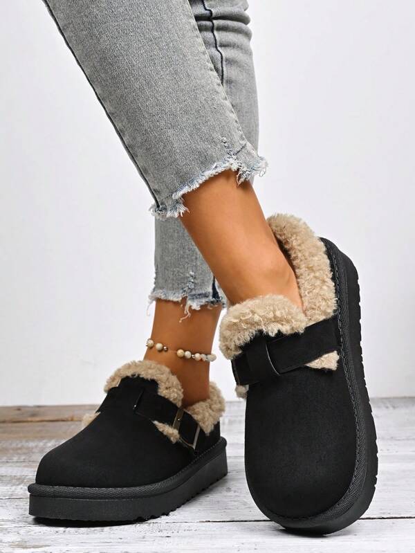 Stivali da neve da donna con suola spessa antiscivolo, caldi e confortevoli, casual e alla moda, con punta chiusa e stile con fibbia, scarpe invernali, pantofole da interno, stivali con pelliccia