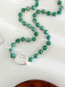 Monlansher 新款女士串珠多吊坠项链，镶嵌绿石珠、珍珠、椰子树、鱼和圆盘饰物，不锈钢吊坠项链，时尚奢华女士项链 - 金色 - 查看 14