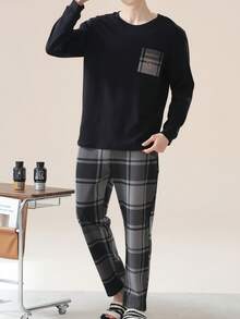 2 piezas Conjunto de pijama para hombre, camiseta de cuello redondo de manga larga y pantalón largo, ropa de estar en casa transpirable y que absorbe la humedad, para primavera/verano/otoño/invierno, ropa de otoño