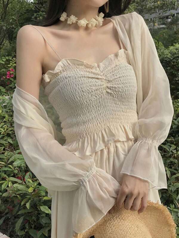 1pc White Chiffon Shrug Cover Up, Loose Fit Lightweight Cover Up For Summer Dresses