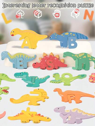 Children's Early Childhood Education Wooden Letter Puzzle Toys Dinosaur Letter Cognition Enlightenment Cartoon Wooden Puzzle Board Toys Color Certification Matching Letter Matching Exercise Logical Thinking Hand-Eye Coordination