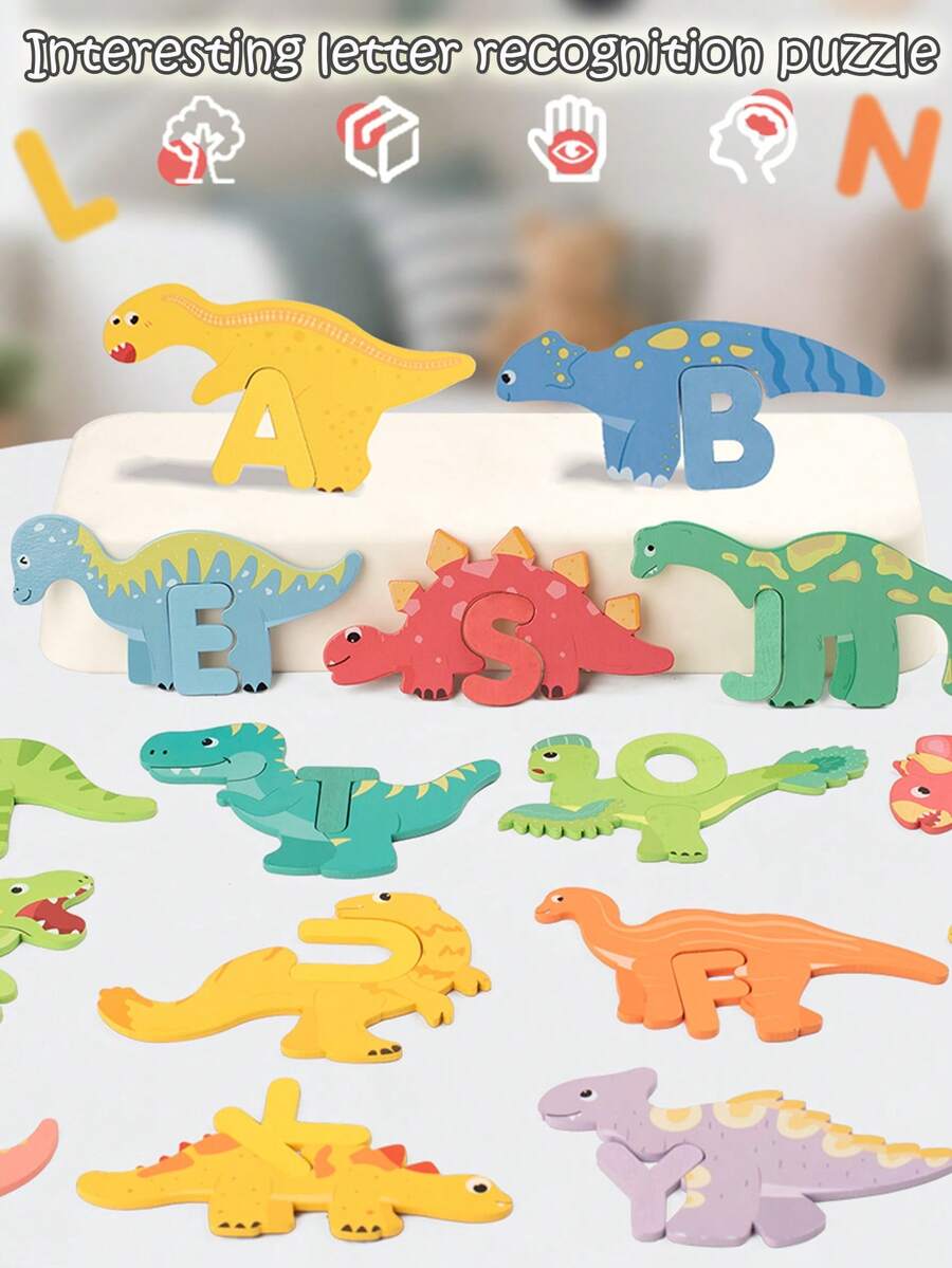 儿童早期教育木制字母拼图玩具 恐龙字母认知启蒙卡通木制拼图板玩具 颜色认证 字母配对练习 逻辑思维 手眼协调 - 彩色 - 查看 1