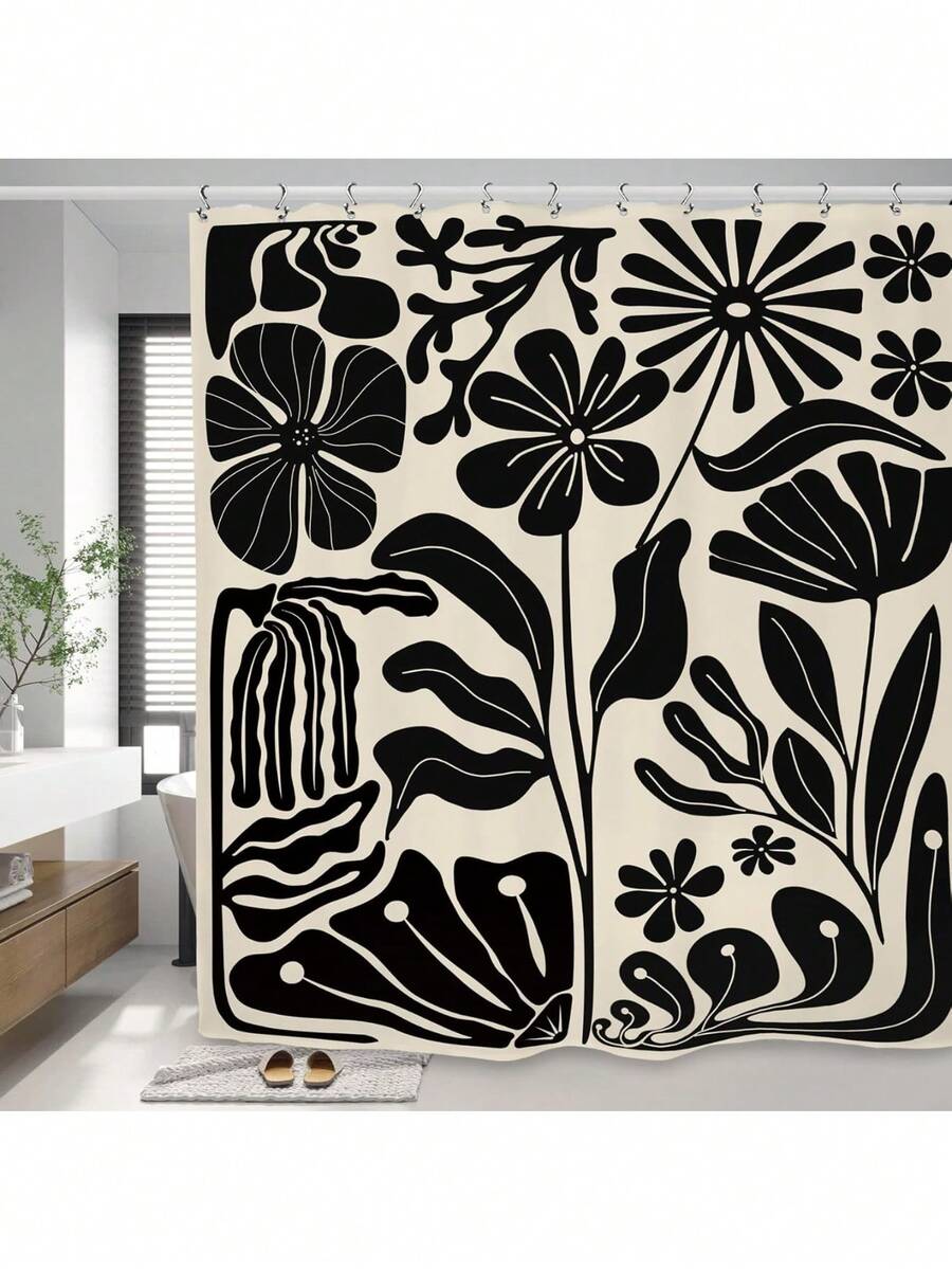 Black Matisse Flower Shower Curtain, Vintage Abstract Floral Leaves Aesthetic Retro Art 70s Modern Bathroom Set Accessories Decor With Hooks - Matisse Đen - Xem 1