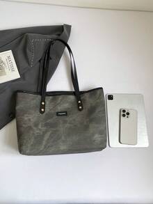 复古仿牛仔布 PU 托特包，大容量，手提包，单肩包，适合女性购物、上班通勤、学生返校和日常使用 - 深灰色 - 查看 3