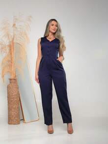 Women's Tailored Jumpsuit With Button At The Front C3154 - Navy Blue - View 3
