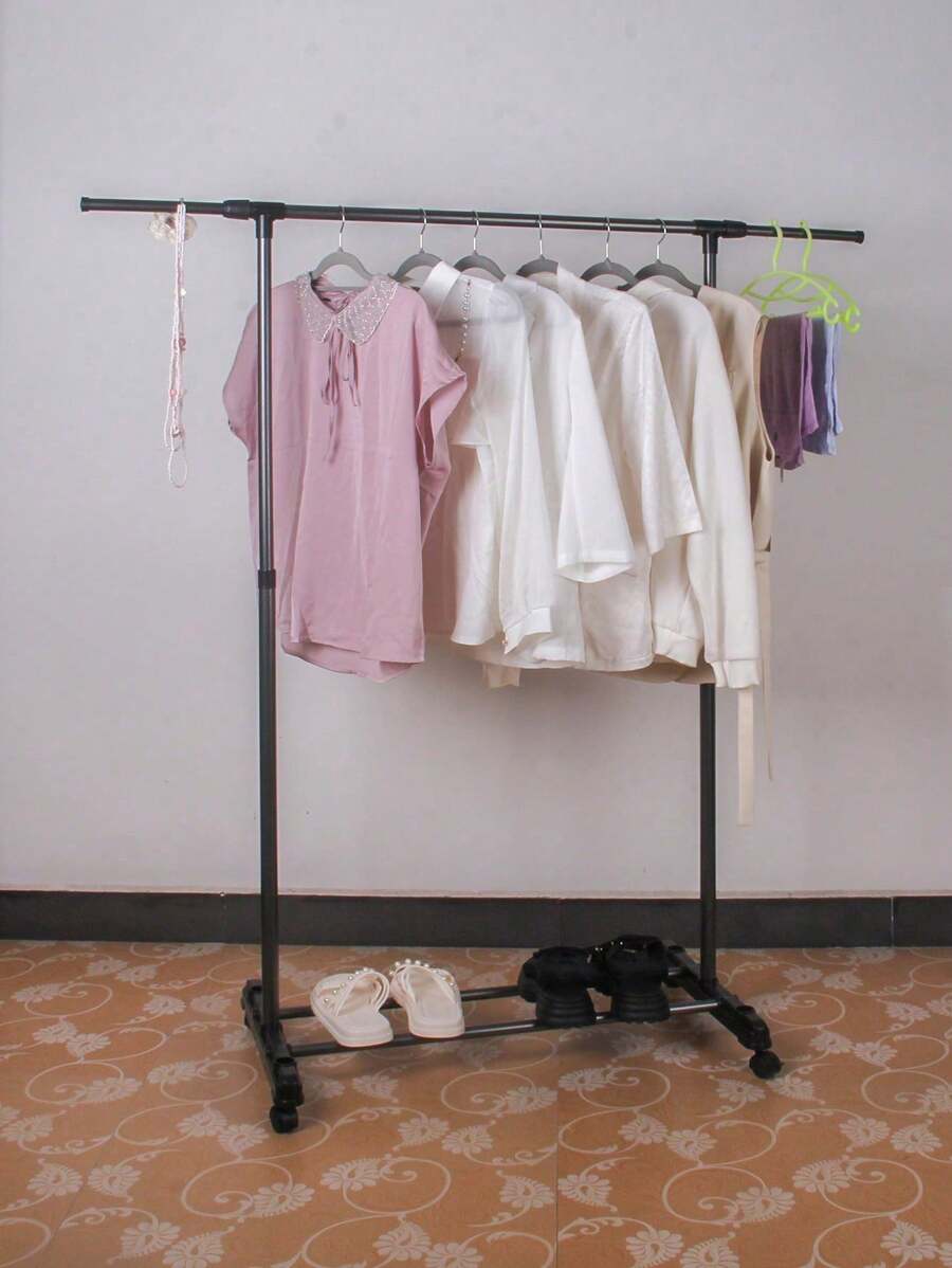 1pc Floor Standing Clothes Drying Rack, Simple Indoor Balcony Movable Hanger For Hanging Clothes, Suitable For Home, Student Dorm - Black - View 1