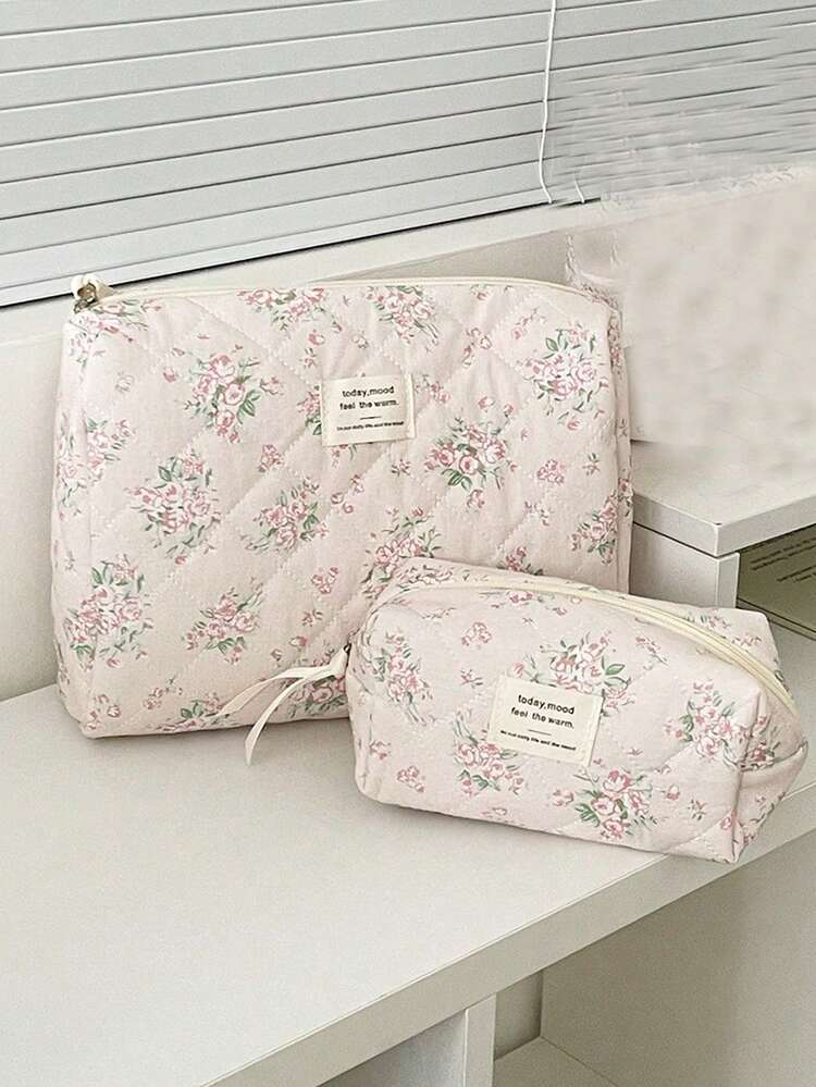 1 件/套可爱花卉印花大容量化妆包多功能化妆品收纳钱包袋便携式化妆品刷收纳包带拉链封口适用于口红、刷子、护肤品、手机、硬币、小物品 - 彩色 - 查看 13
